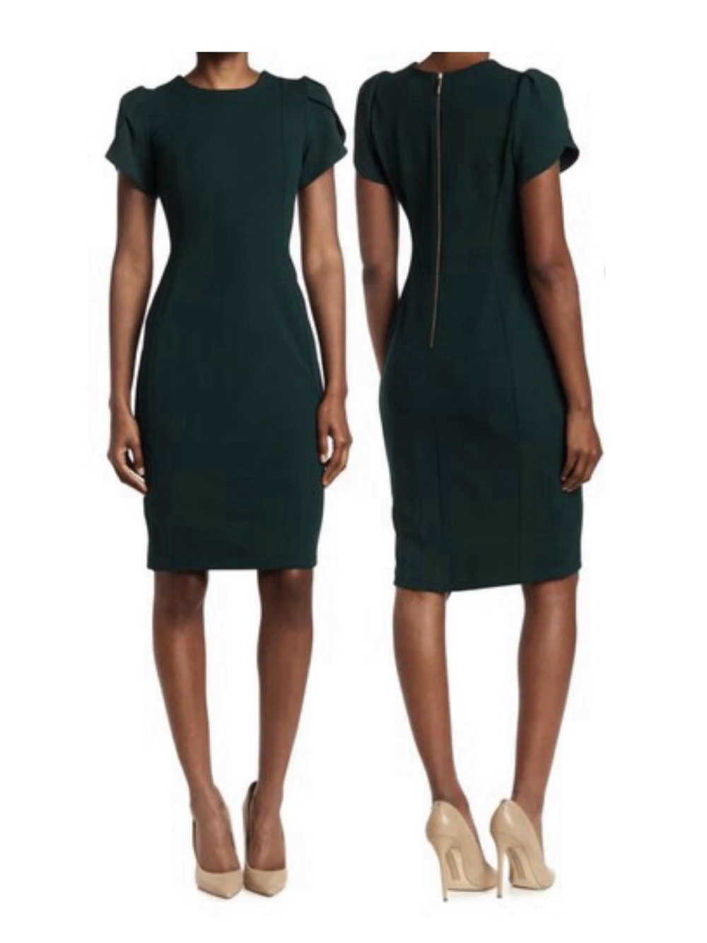 6 Calvin Klein Dark Green Tulip Sleeve Sheath Midi Dress Business Casual Formal